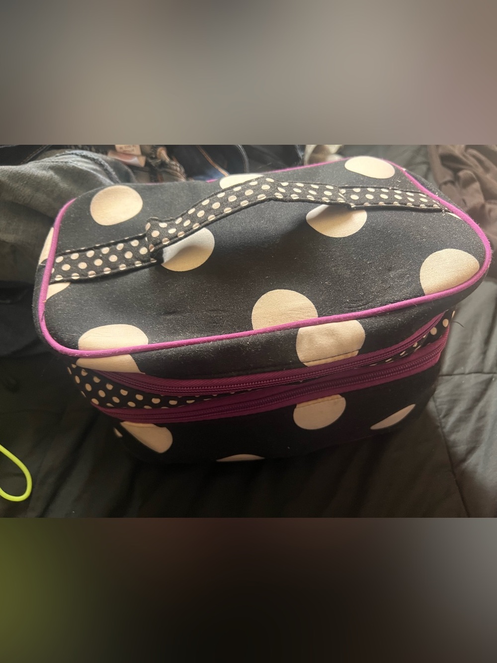 Polka Dot Black and Cream Travel Cosmetic Case with Purple Trim